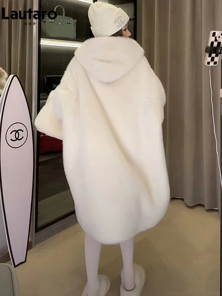 Winter High Quality Long Oversized White Thick Warm Teddy Bear Coat Women with Hood Loose Casual Korean Fashion 2023