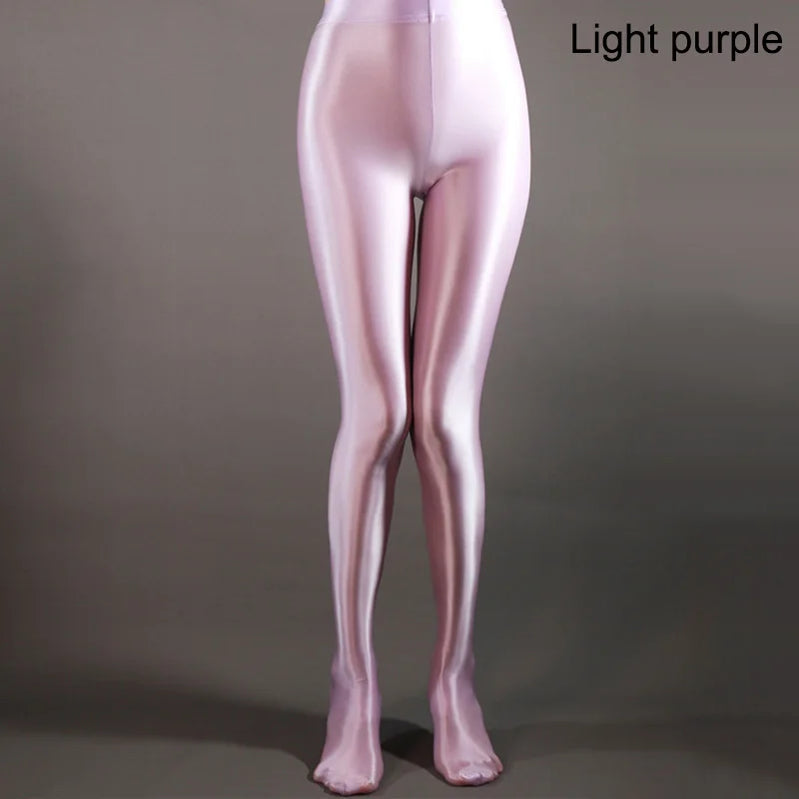 Colorful Satin Glossy Pantyhose Sexy Stockings Shiny Yoga Pants Leggings Sport Tights Women Fitness High Waist Tights Light Purple
