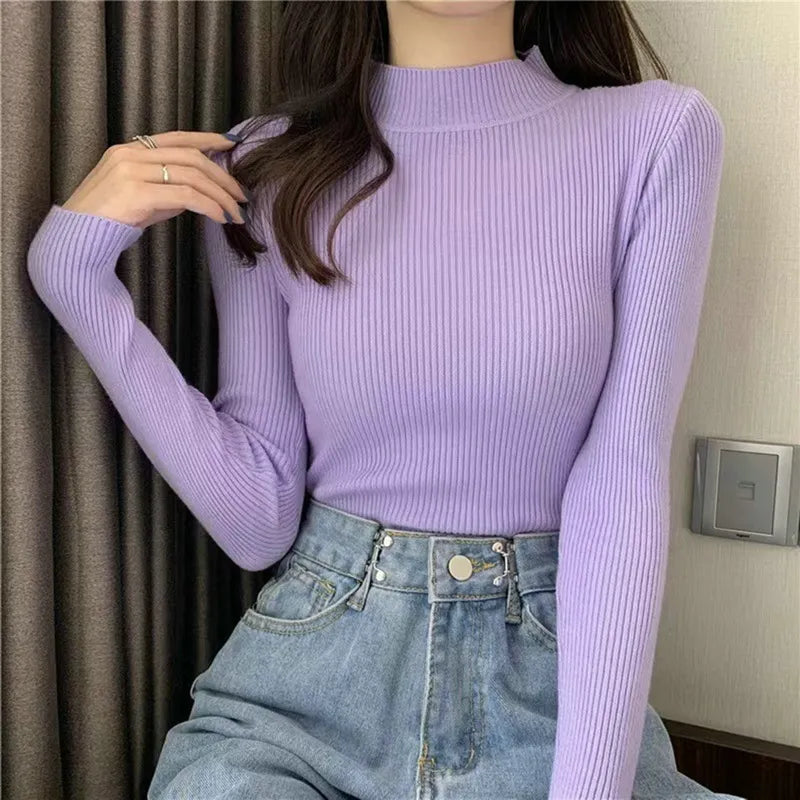 Winter Turtleneck Women's Sweater Knitted Pullover Soft Slim Long Sleeve Top Solid Color Basic High Neck Jumper Woman Clothing B-half neck-purple One Size(40-65kg)