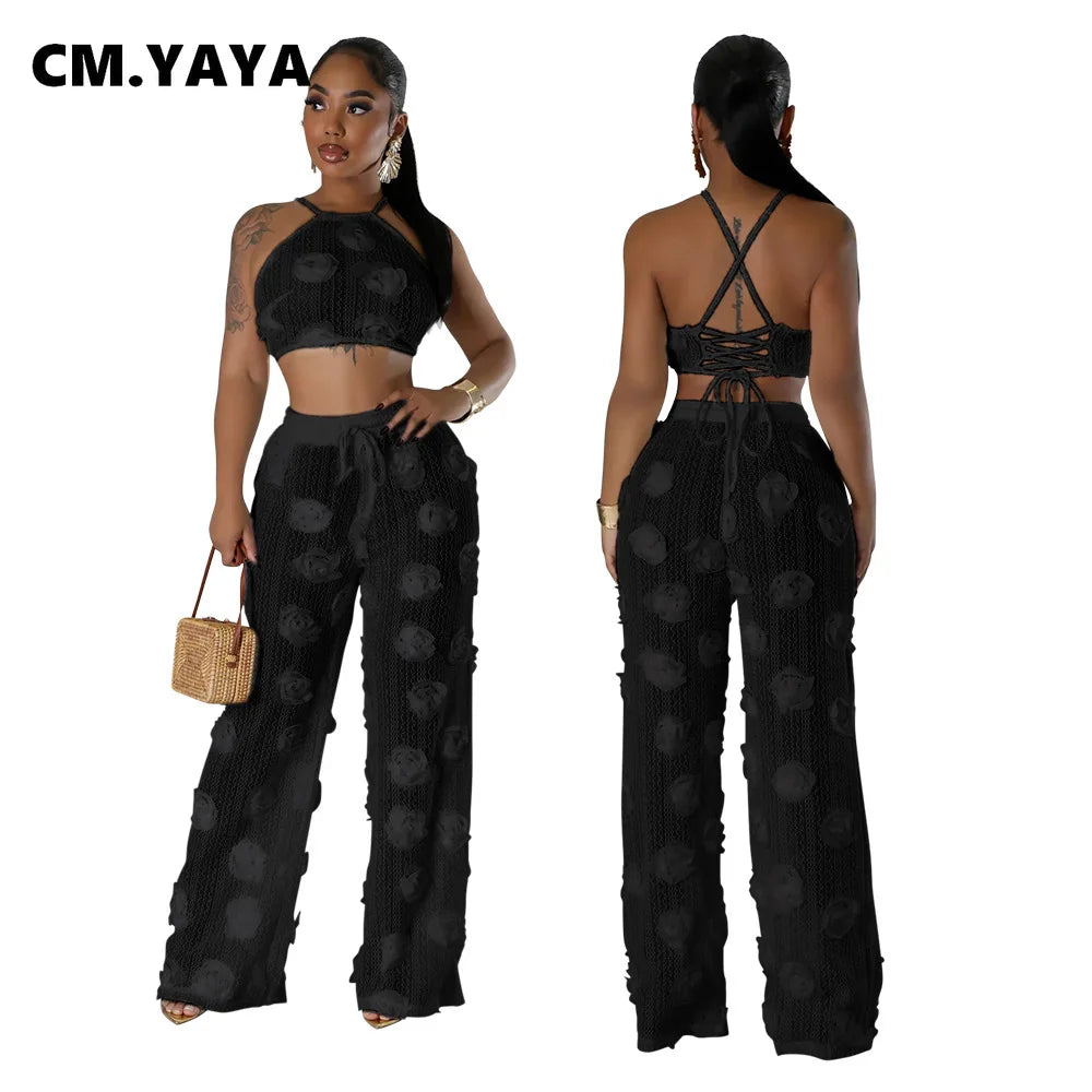 CM.YAYA Women Set 3D Flower Sleeveless Strap Tops +Wide Leg Pants Two 2 Piece Sets Outfit Perspective Summer Sexy Streetwear