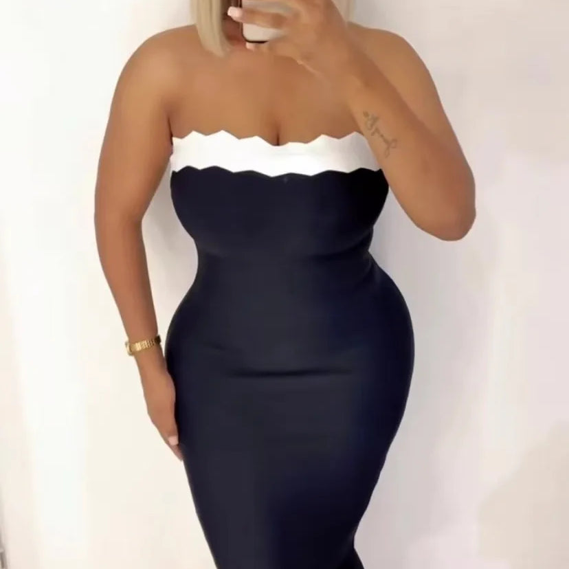 Black Color Women Sleeveless Sexy Strapless Bodycon Mermaid Bandage Mid-calf Dress Nightclub Party Birthday Cocktail Dress