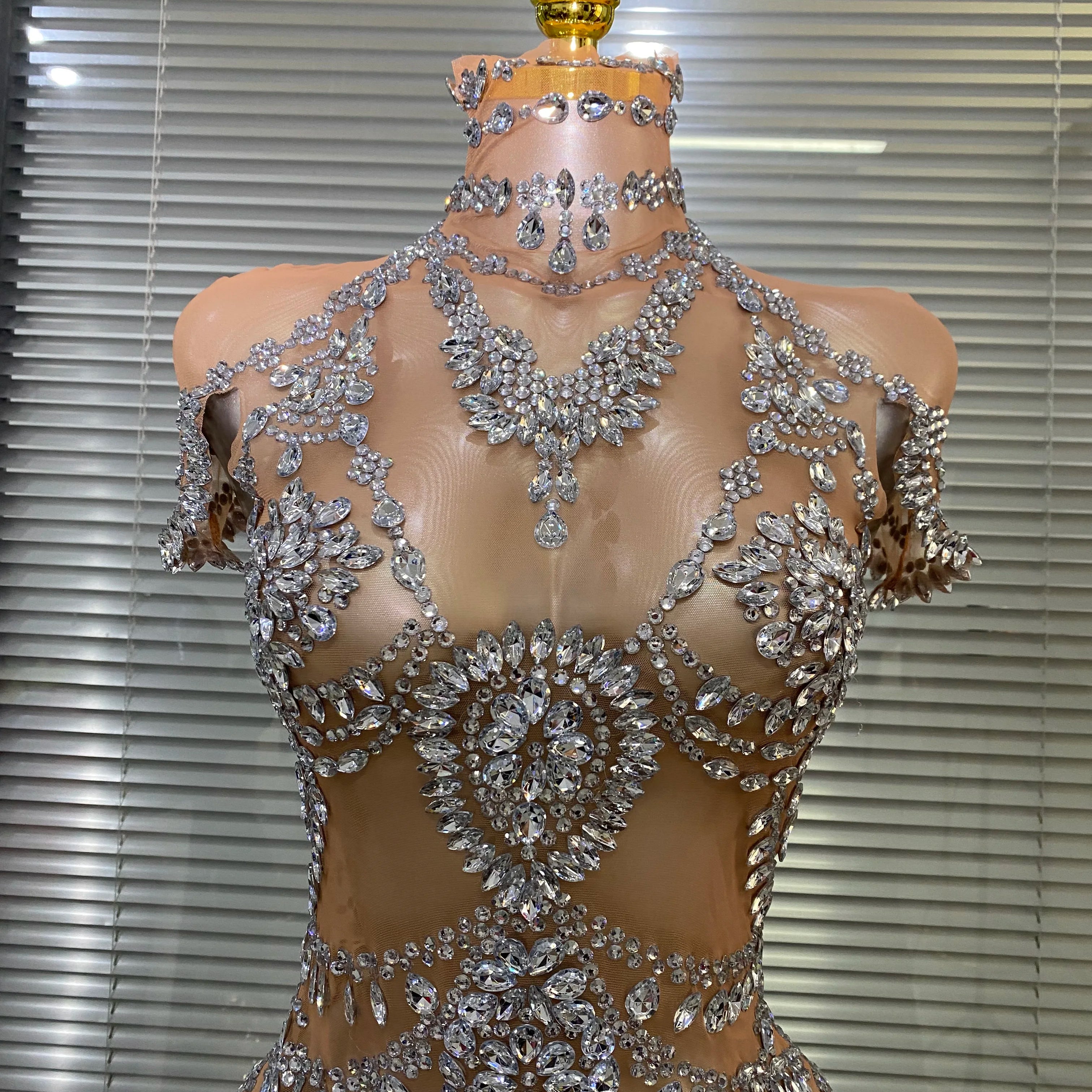 Celebrity New Women Sexy Skin See Through Sheer Diamonds Stretchy Night Club Singer Dancer Stage Costume Party Bodysuit