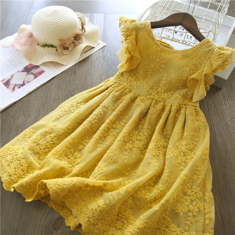 Elegant Flower Girls Dress Wedding Party Princess Dress Casual Kids Clothes Lace Long Sleeves Dress Children's Vestidos For 3-8T 622 Yellow