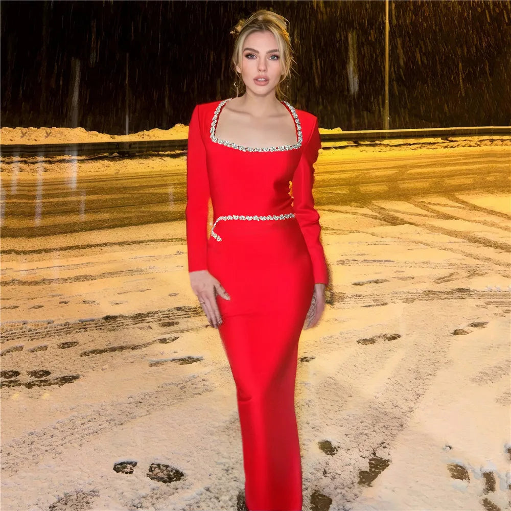 Red Color Women Long Sleeve Square Collar Shinning Crystal Bodycon Long Bandage Dress Celebrate Nightclub Party Outfit