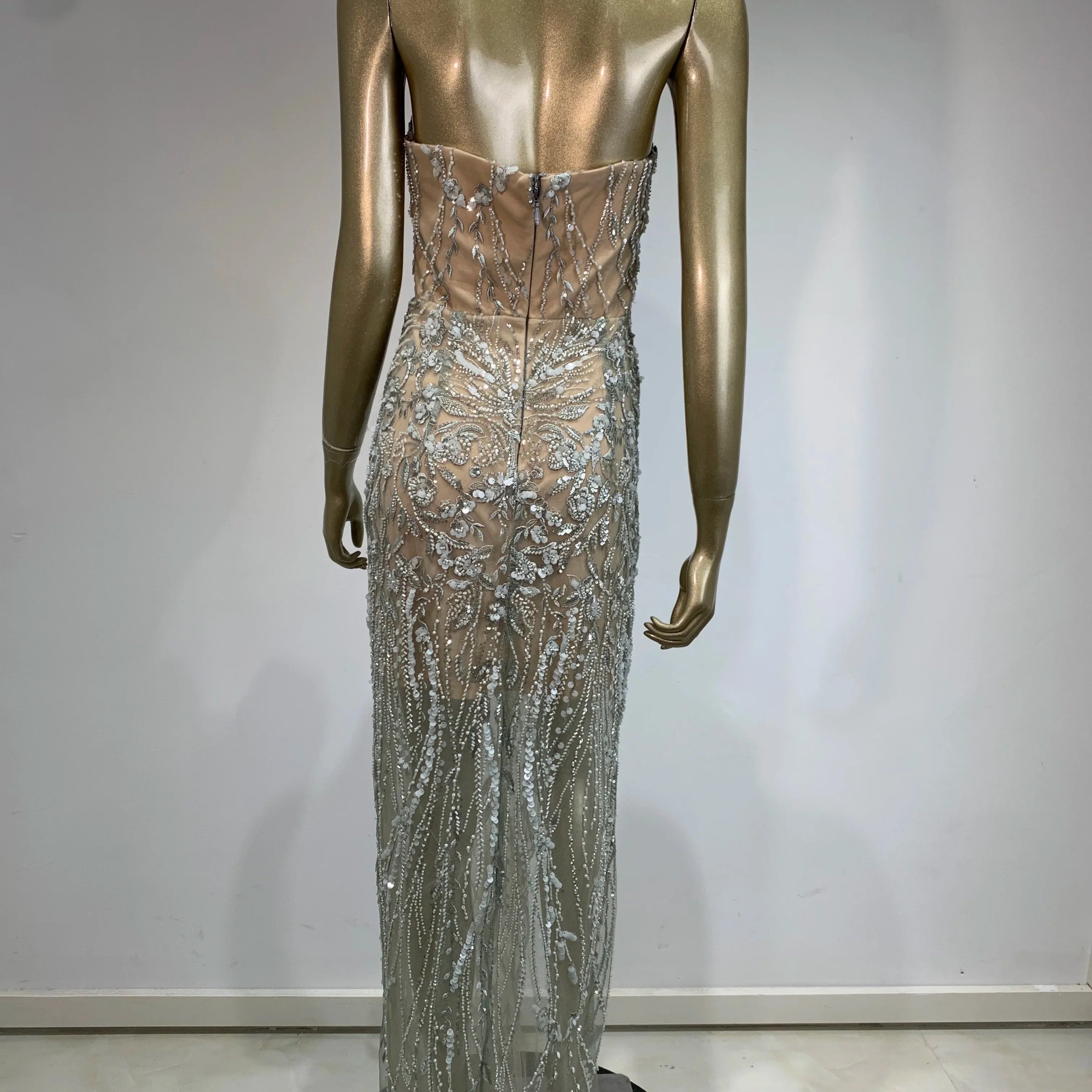 Luxury Sexy Strapless Feather Sequins Silver Beading Maxi Long Women Celebrity Dress Elegant Party Evening Vestido