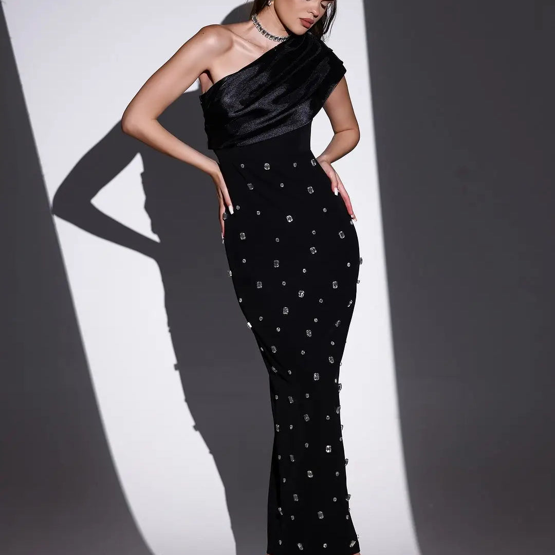 Rosered Black Color Women Sexy One Shoulder Shinning Crystal Bodycon Bandage Long Dress Celebrate Fashion Evening Party Outfit