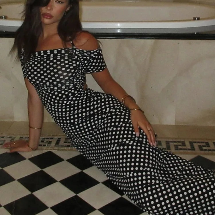 Off-shoulder Polka Dot Maxi Dress For Women Gown Fashion Halter Sleeveless Backless bodycon Split Long Dress Elegant