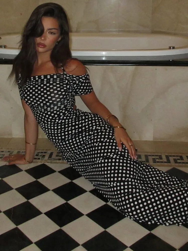 Off-shoulder Polka Dot Maxi Dress For Women Gown Fashion Halter Sleeveless Backless bodycon Split Long Dress Elegant