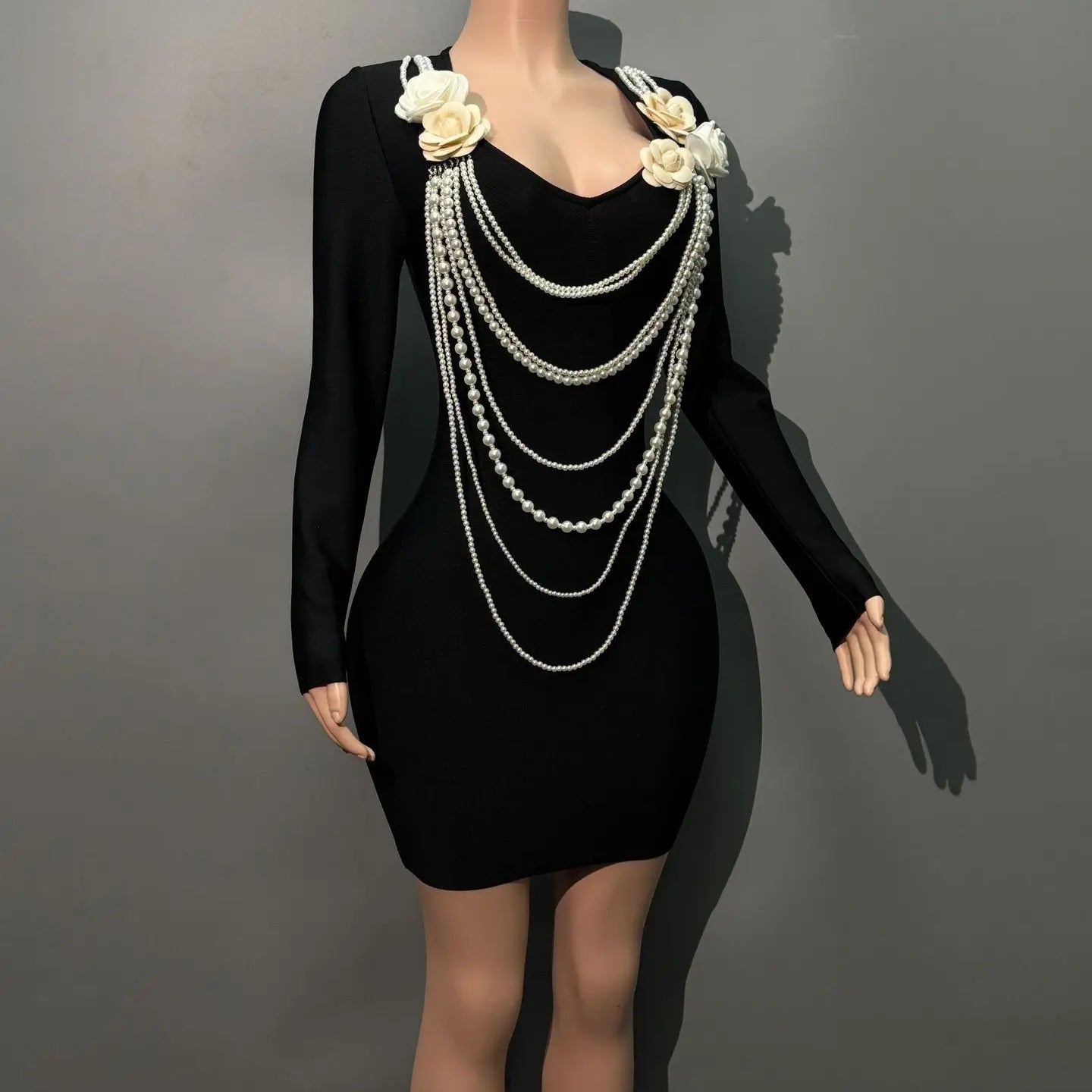 Black Color Women Long Sleeve Pearl Beading Bodycon Mini Bandage Dress Nightclub Party Celebrate Birthday Vacation Outfit