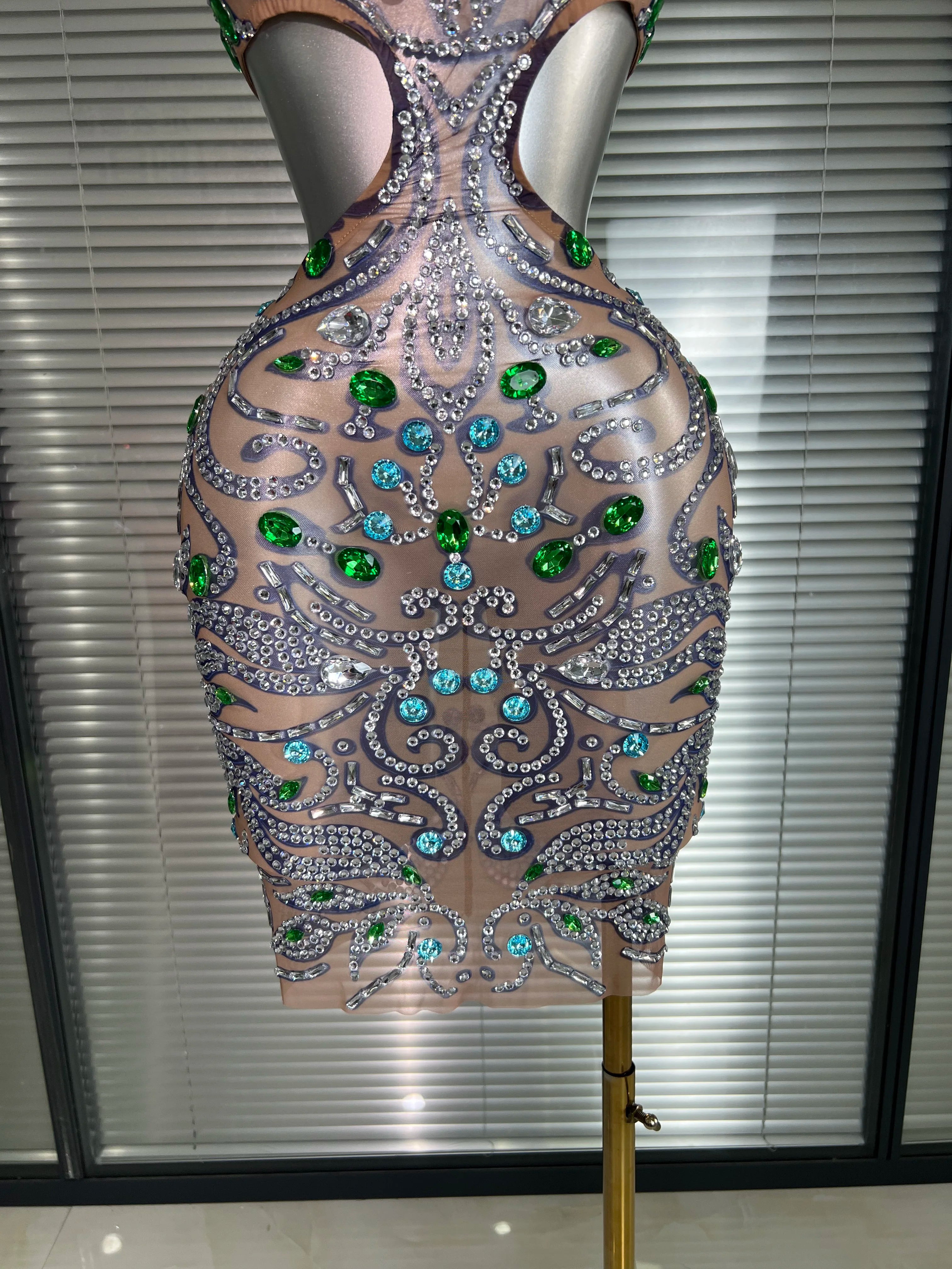 Celebrity New Women Sexy Print Mesh Sheer Crystal Rhinestones Stage Costume Stage Dancer Night Club Mini Party Dress