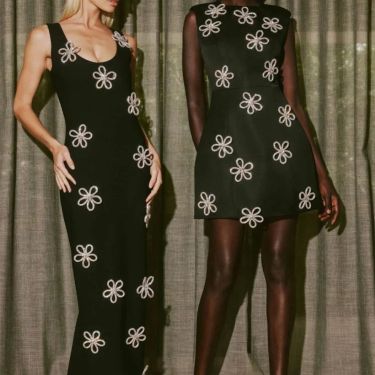 Arrival Women Sleeveless Sexy O-Neck Diamond Flowers Bodycon Long Bandage Dress Celebrate Evening Party Office Lady Outfit