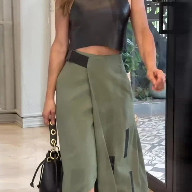 Fashion Pu Leather Vest Skirt Sets Women Sleeveless Cropped Tops With Split Slim Skirts Suits New Chic Ladies Streetwear Black