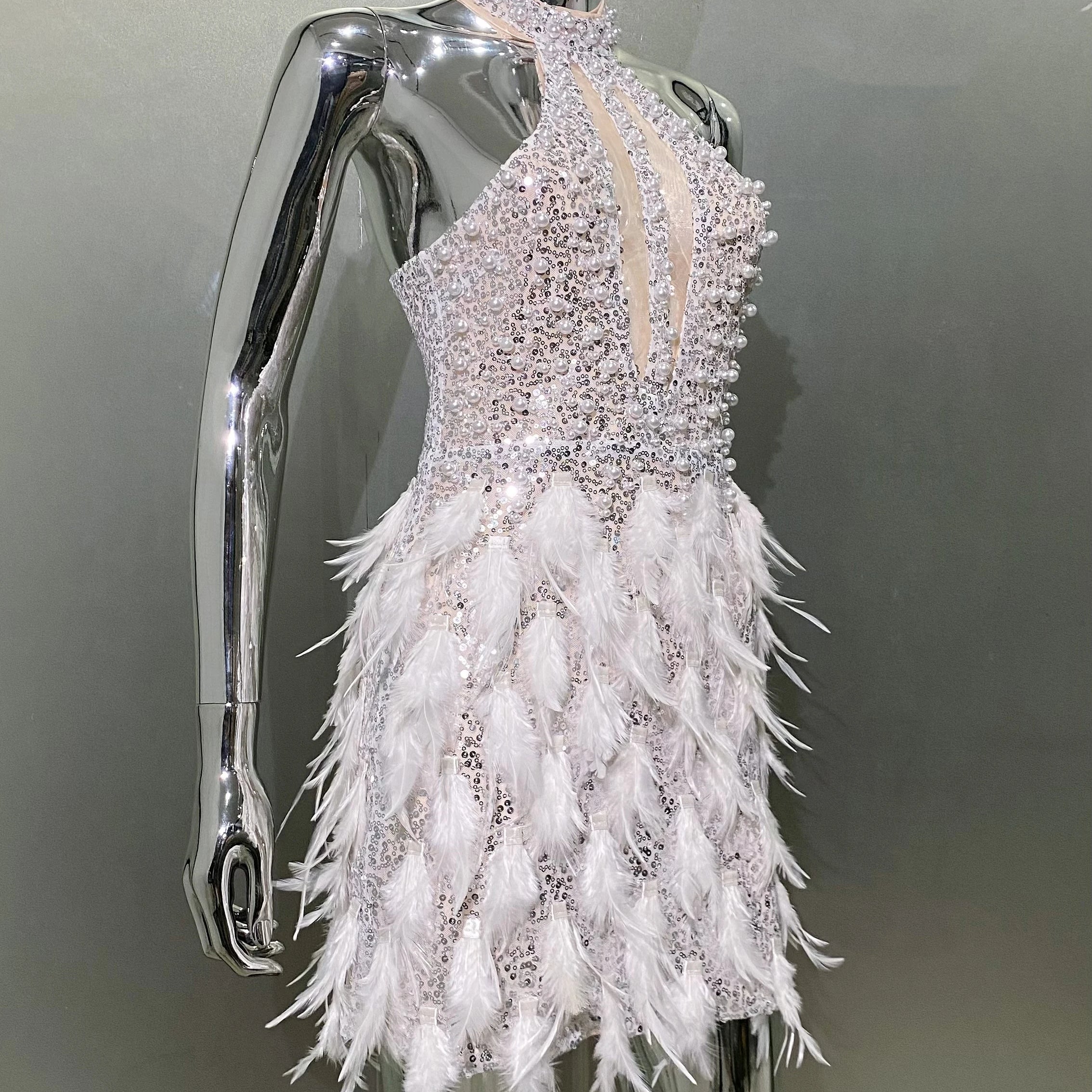 High Quality Gorgeous Feathers Beading High Slit Strapless Long Dress Woman Evening Dress Celebrity Birthday Party Outfit