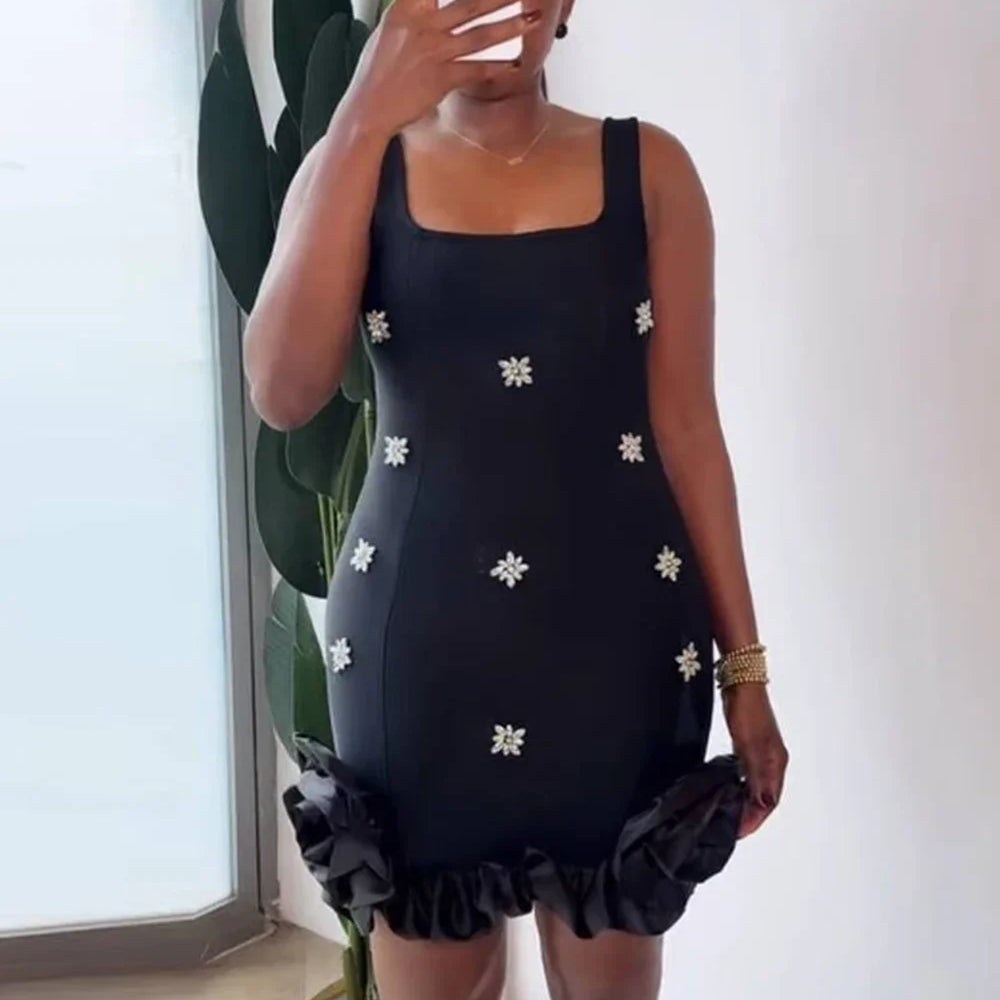 Spliced Diamonds Flower Bandage Mini Dress For Women Solid Color Sleeveless Bodycon Party Dresses Female 2025