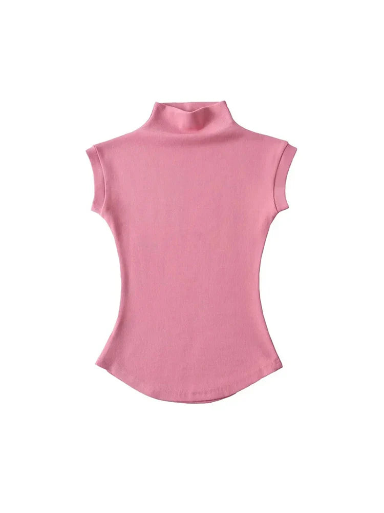 Women Summer Sexy Turtleneck Sleeveless T-Shirts Tops Solid Slim Fit Pullovers Causal Tees Shirts Female Streetwear Basics Tees Pink