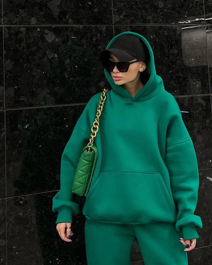 Fashion Women's Sports Two-Piece Autumn Hooded Long-Sleeved And Baggy Pants Fitness Set Solid Color Lady 2-Piece Suit Outfits Green