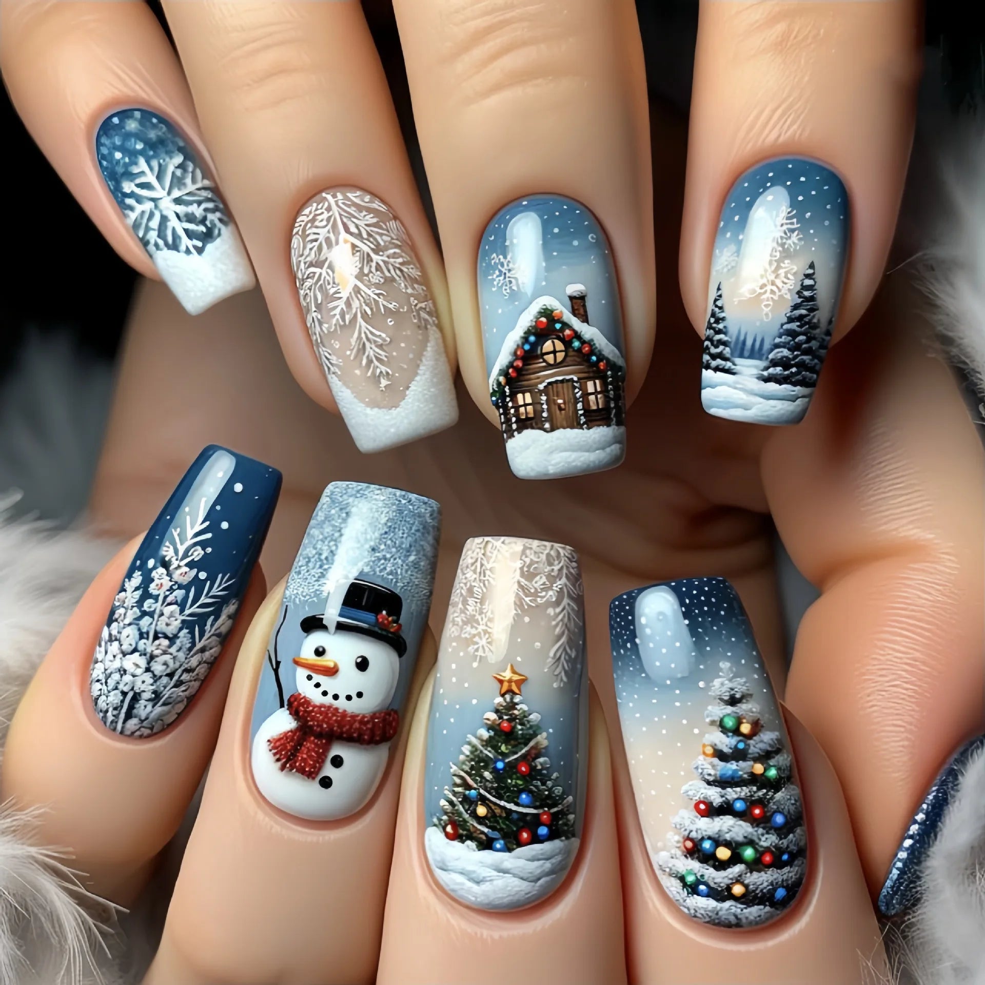 24pcs/set short fake nails for Christmas Square ballet winter false nail tips snow flakes christmas tree snowman press on nails