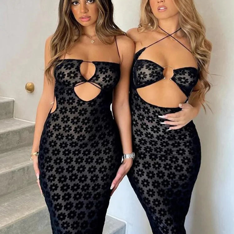 Nibber Solid Color Hanging Neck Maxi Dress Sexy Hollow Women Perspective Bag Hips Robe Female Street Trendy Dresses Clothing