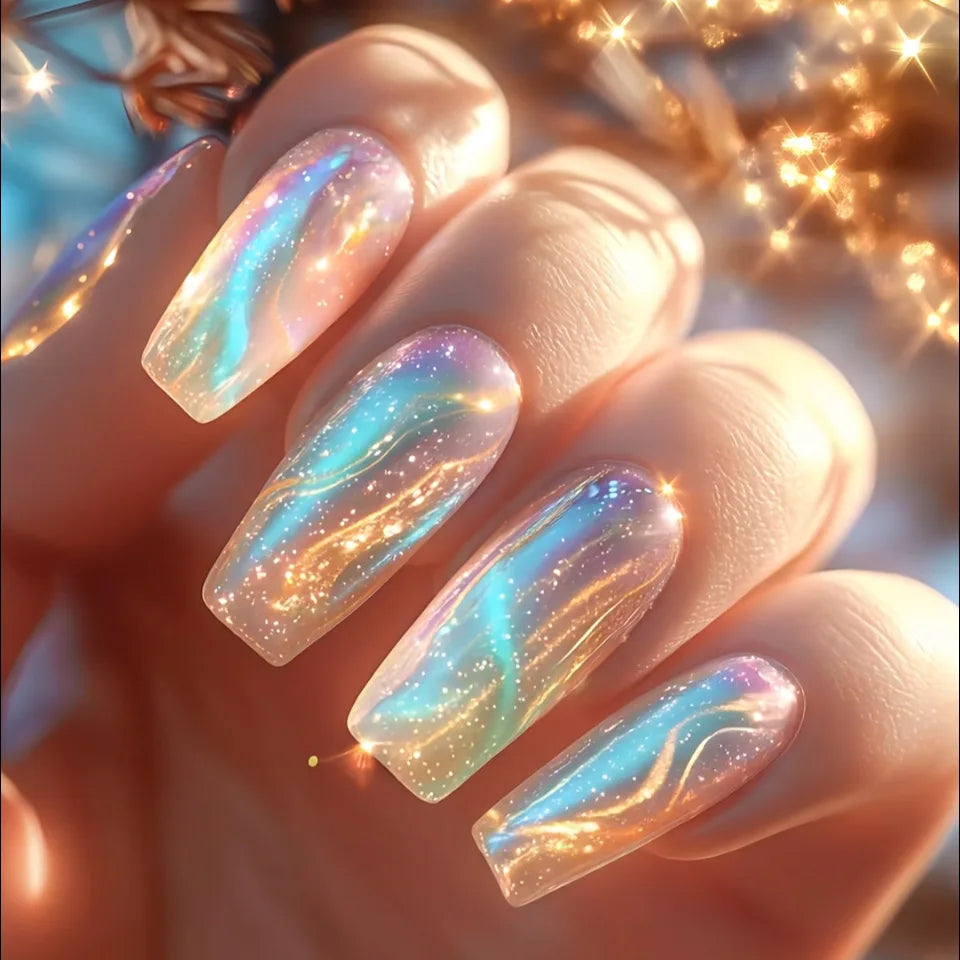 24Pcs Mid-length Ballet Press on False Nails with Pueple Gold Smudge Design Fake Nails Detachable Finished Full Cover Nails Tips