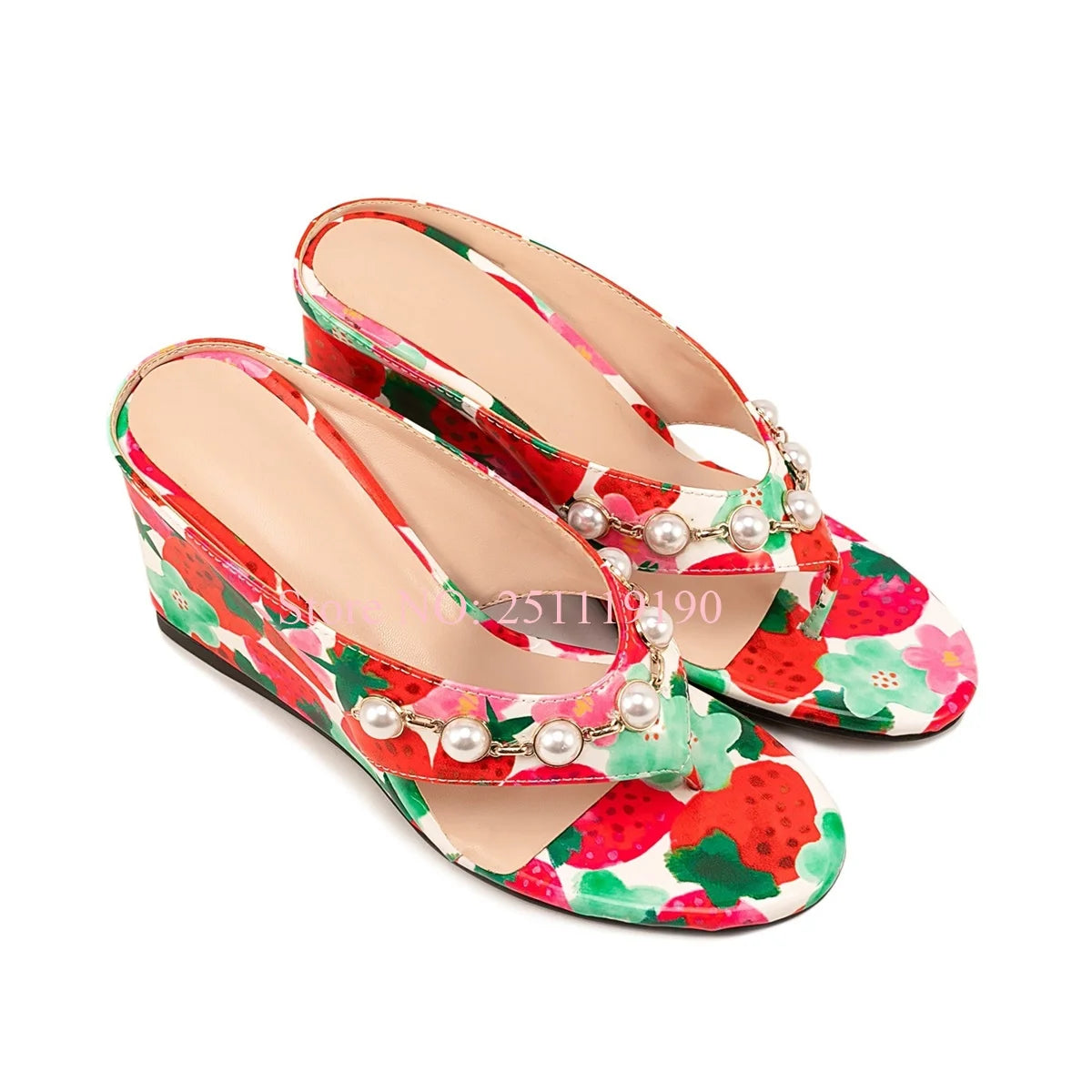 Floral Print Wedge Sandals Women Pearl Embellished Open Toe Slippers Colorful Sequin High Heel Flip Flops Fashion Summer Shoes