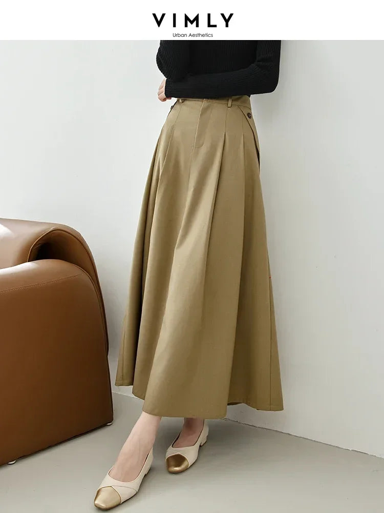 Vimly High Waist Swing Maxi Skirt for Women Spring Solid Elegant Office Lady Khaki A-line Long Skirts Womans Clothing M2689