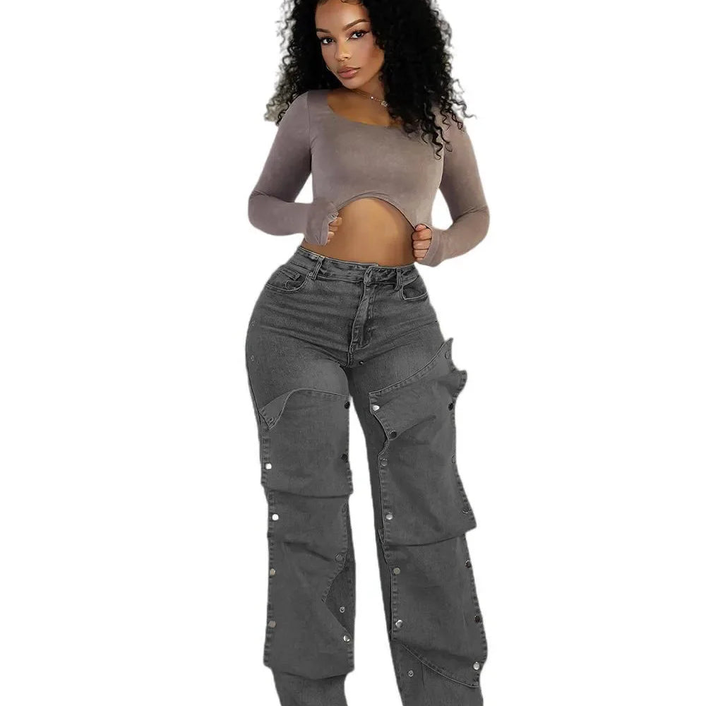 CM.YAYA Women Streetwear Button Cutout Cargo Straight Denim Wide Leg Jeans Pants 2024 INS Elastic Fashion Party Cargo Trousers