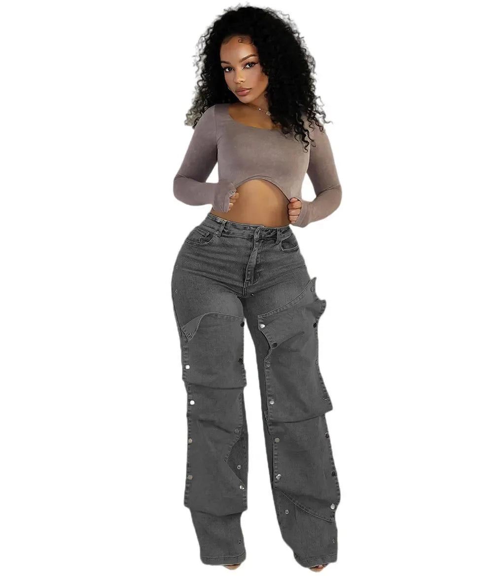 CM.YAYA Women Streetwear Button Cutout Cargo Straight Denim Wide Leg Jeans Pants 2024 INS Elastic Fashion Party Cargo Trousers