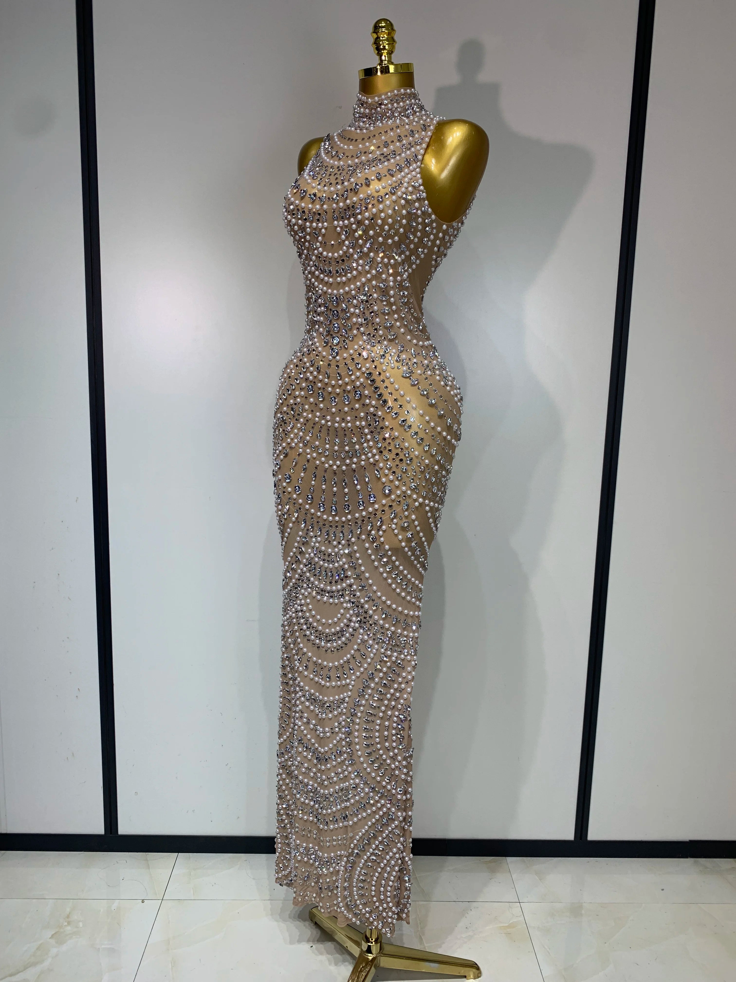 Elegant Sexy Sparkly Pearl Rhinestone Sleeveless Long Dress Women Birthday Party Evening Prom Wedding Luxury Photoshoot Outfits