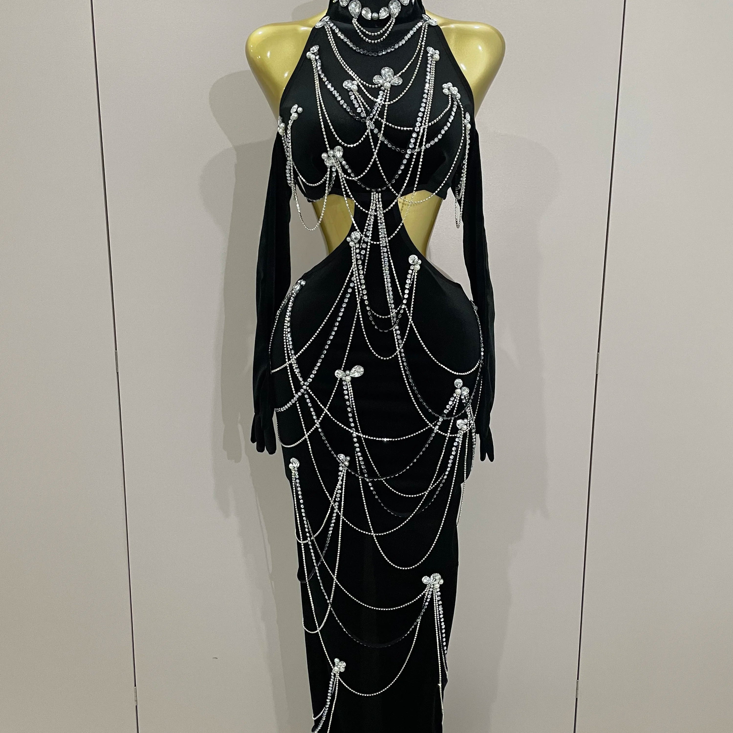 2025 Women Sparkly Diamonds Tassels Chain Balck Sexy Halter Backless Long Dress Evening Birthday Party Celebrate Stage Costume