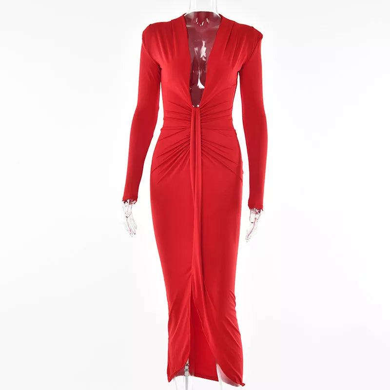 Elegant Pleated Casual Bodycon Long Dress Autumn Winter Women Slim Evening Party Robe Sexy Bandage Ladies Dress Red