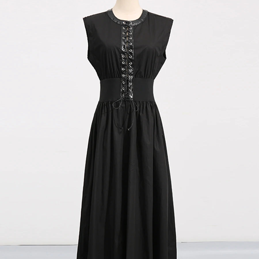 TWOTWINSTYLE Solid Slimming Spliced Lace Up Elegant Dresses for Women Round Neck Sleeveless Patchwork Folds Dress Female Fashion