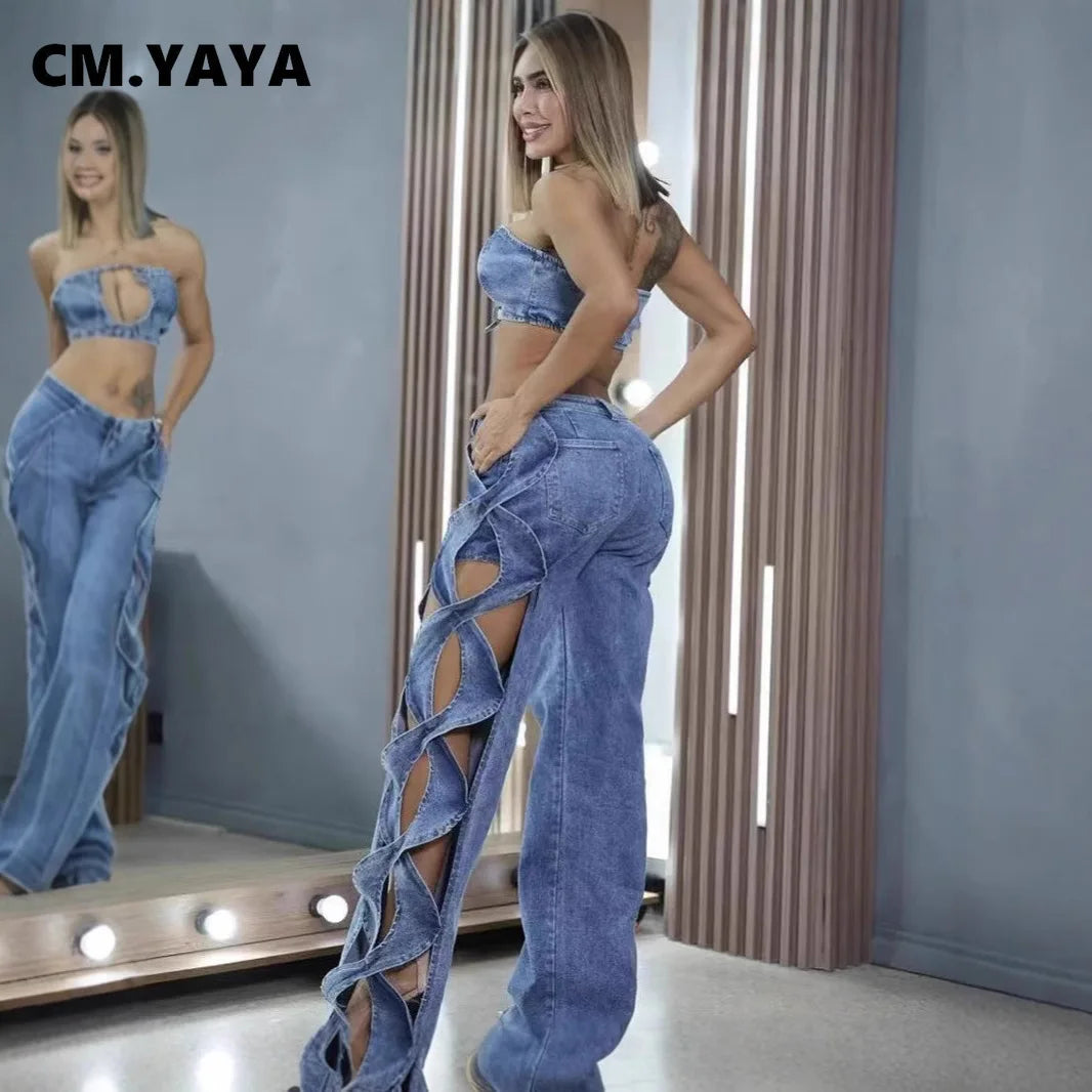CM.YAYA Women Streetwear Cutout Hollow Out Criss Cross Side Wide Leg  Blue Denim Pants 2025 Fashion Sexy Party Jeans Trousers