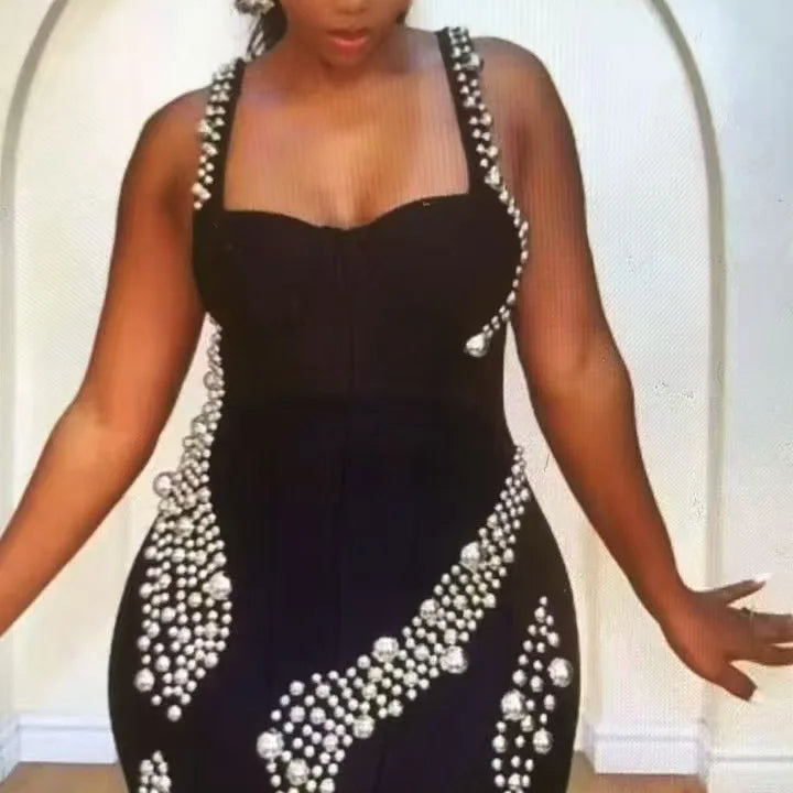 Women Sleevelss Sexy Square Collar Beading Bodycon Mini Bandage Dress Celebrate Nightclub Party Birthday Outfit