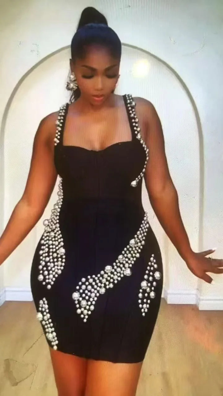 Women Sleevelss Sexy Square Collar Beading Bodycon Mini Bandage Dress Celebrate Nightclub Party Birthday Outfit