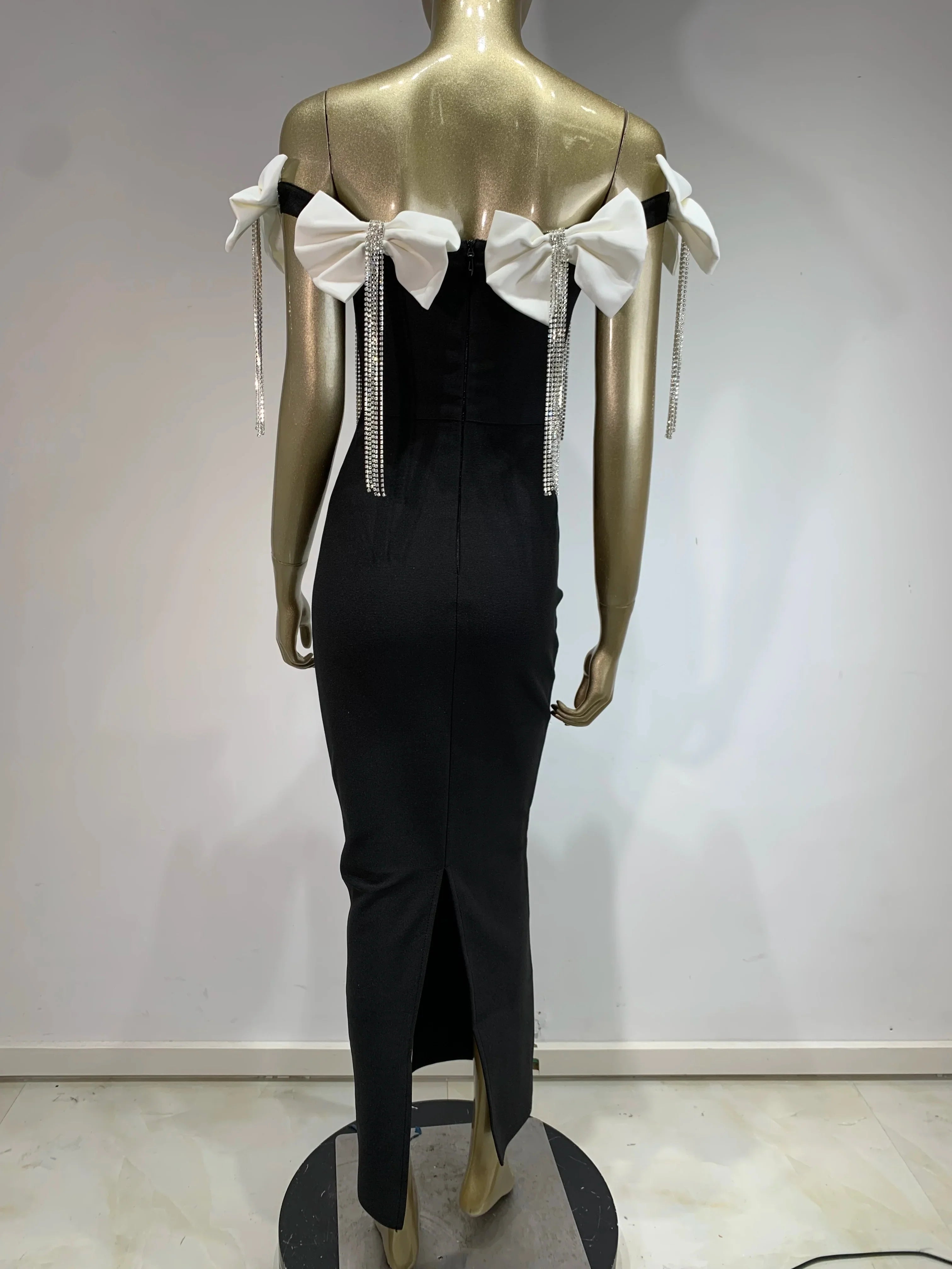 Women Celebrity Sexy Off Shoulder Flower Diamonds Black Bow Tie Maxi Long XL Bandage Dress Elegant Evening Club Party Dress