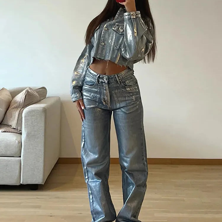 Metallic High Waist Straight Jeans Women Autumn New Printing Loose Wide Leg Denim Pants Streetwear Harajuku Vintage
