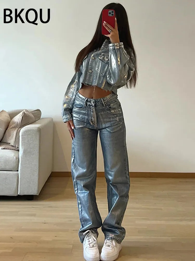 Metallic High Waist Straight Jeans Women Autumn New Printing Loose Wide Leg Denim Pants Streetwear Harajuku Vintage