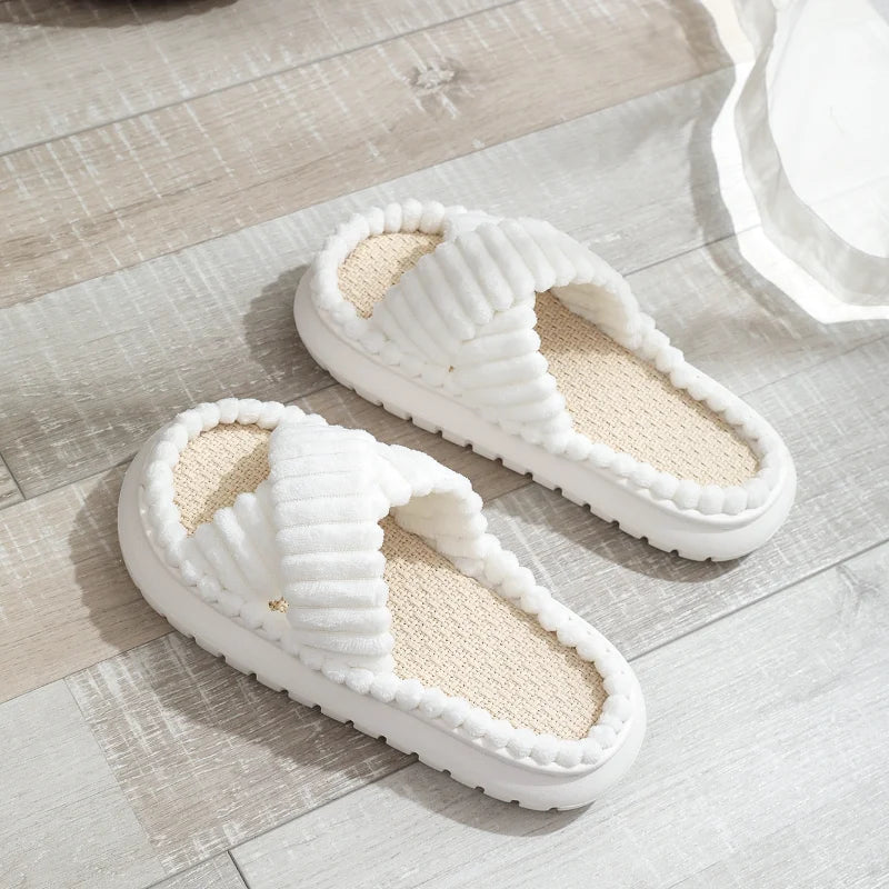 Autumn Winter Women Home Slippers Open-Toe Cross Band Linen Soled Indoor Slides Linen Soled Non-Slip Bathroom Slippers white