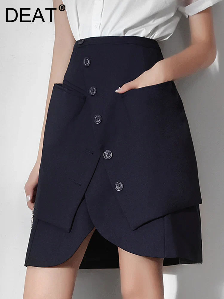 DEAT Fashion Women's Skirt Deconstruct Irregular Diagonal Buckle Pockets High Waist Mini Skirts Female Autumn New WU004