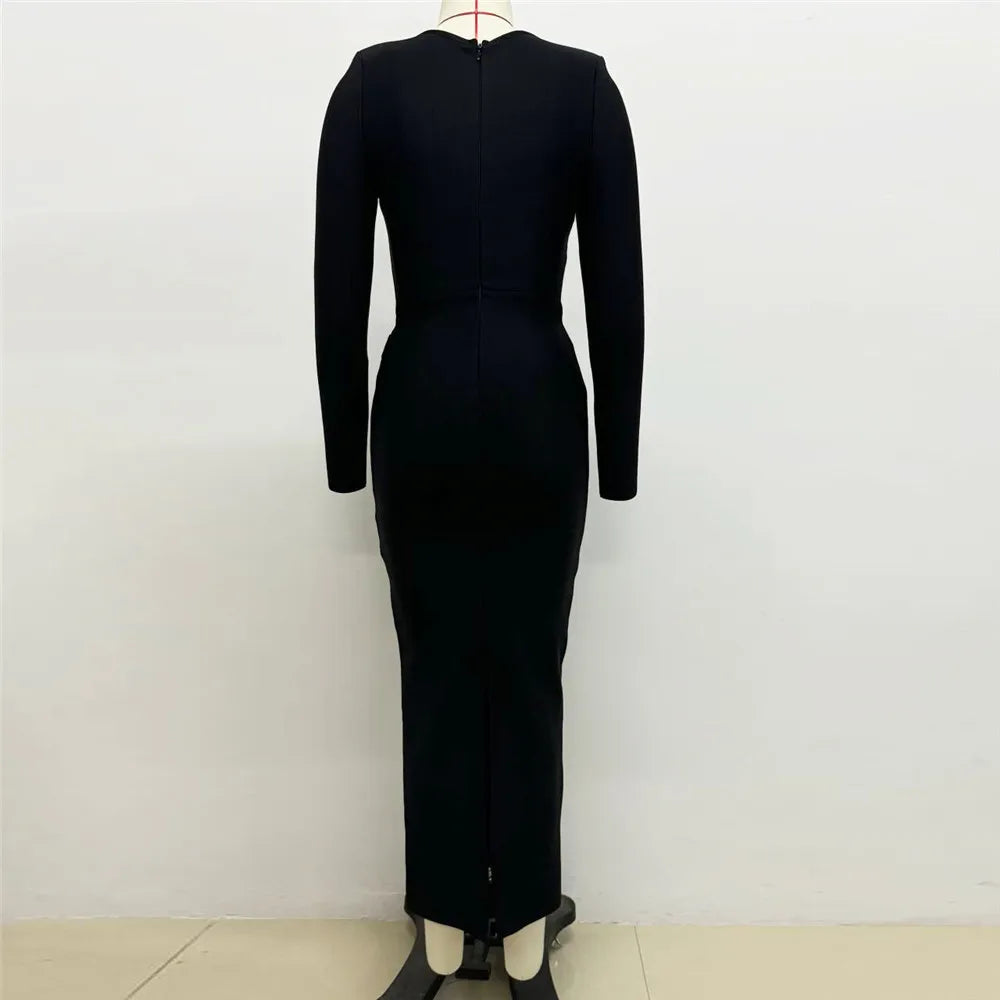 Top Quality Women Long Sleeve Sexy Square Collar Shinning Diamond Bodycon Long Bandage Dress Elegant Evening Party Cocktail Wear