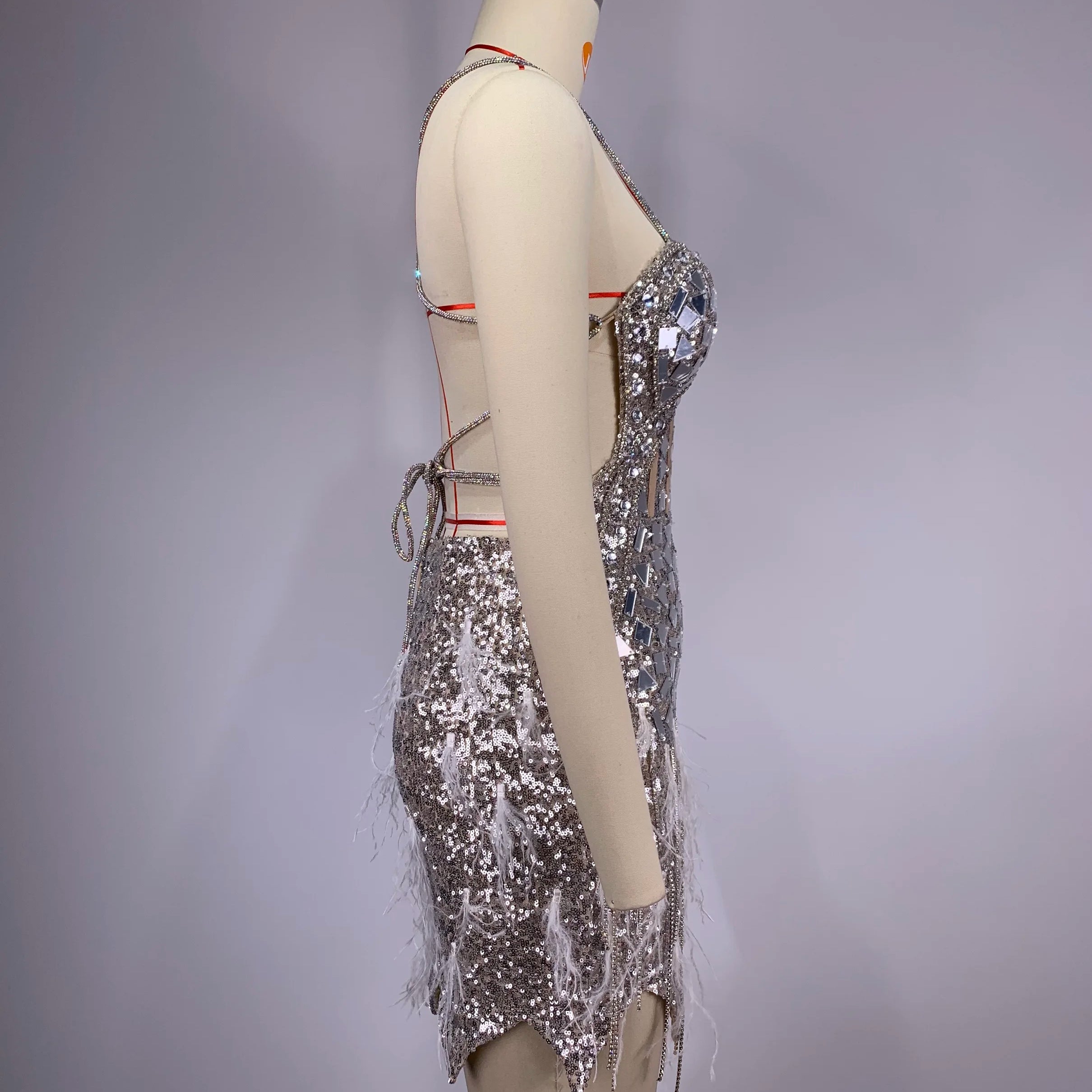 Sliver Sequins Diamonds Tassel Sexy V-Neck Strapless Mini Evening Dress Woman Birthday Party Outfit Stage Performance Costume