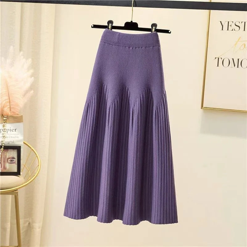 Women Winter Loose A-Line Midi Skirt Casual Elegant Office Lady Skirt Trendy All-Match New Basic Skirt Solid Pleat Knit Skirt Purple