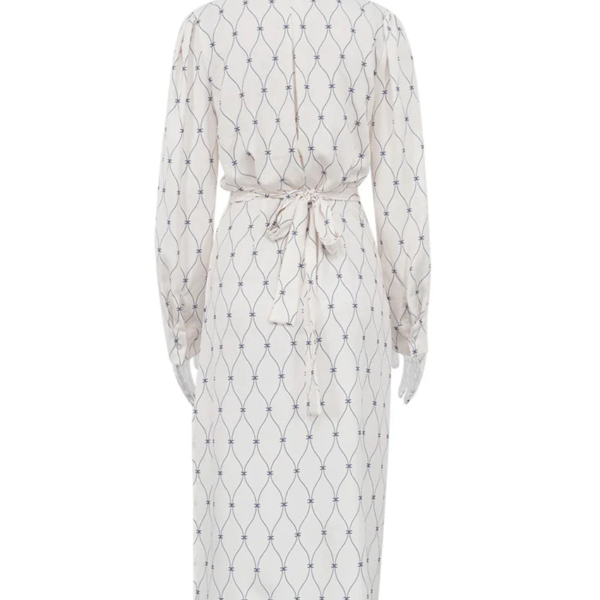 Clacive Fashion Loose Print Women'S Dress Casual Lapel Long Sleeve Midi Dresses Elegant Classic Lace-Up Slit Female Dress