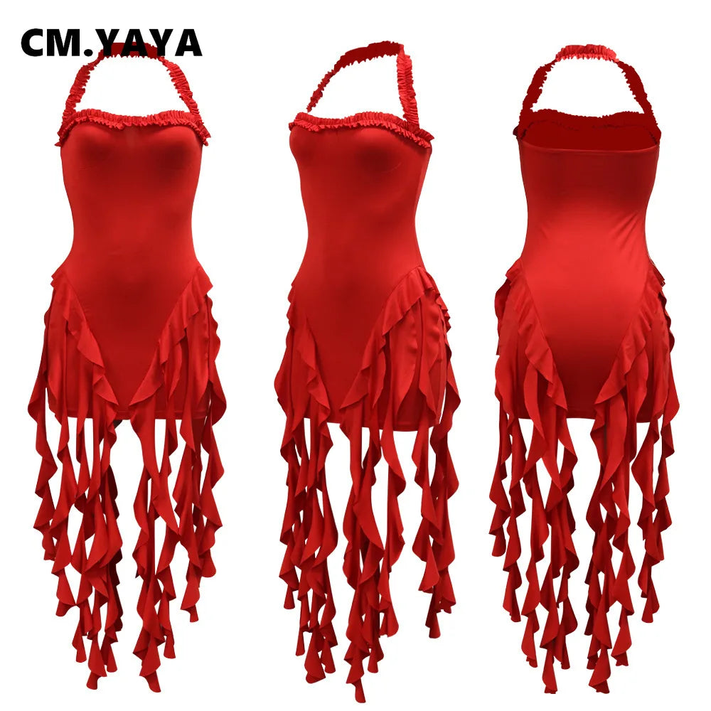 CM.YAYA Women Sleeveless Strapless Halter Long Dress Summer Streetwear Beach Tassel Evening Sexy Night Party Dresses Vestidos