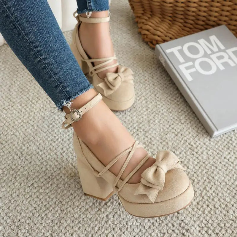 SIMLOVEYO Lolita Women Pumps 32 33 Round Toe Chunky High Heels 9cm Platform Bowknot Ankle Strap Big Size 44 45 Sweet Shoes