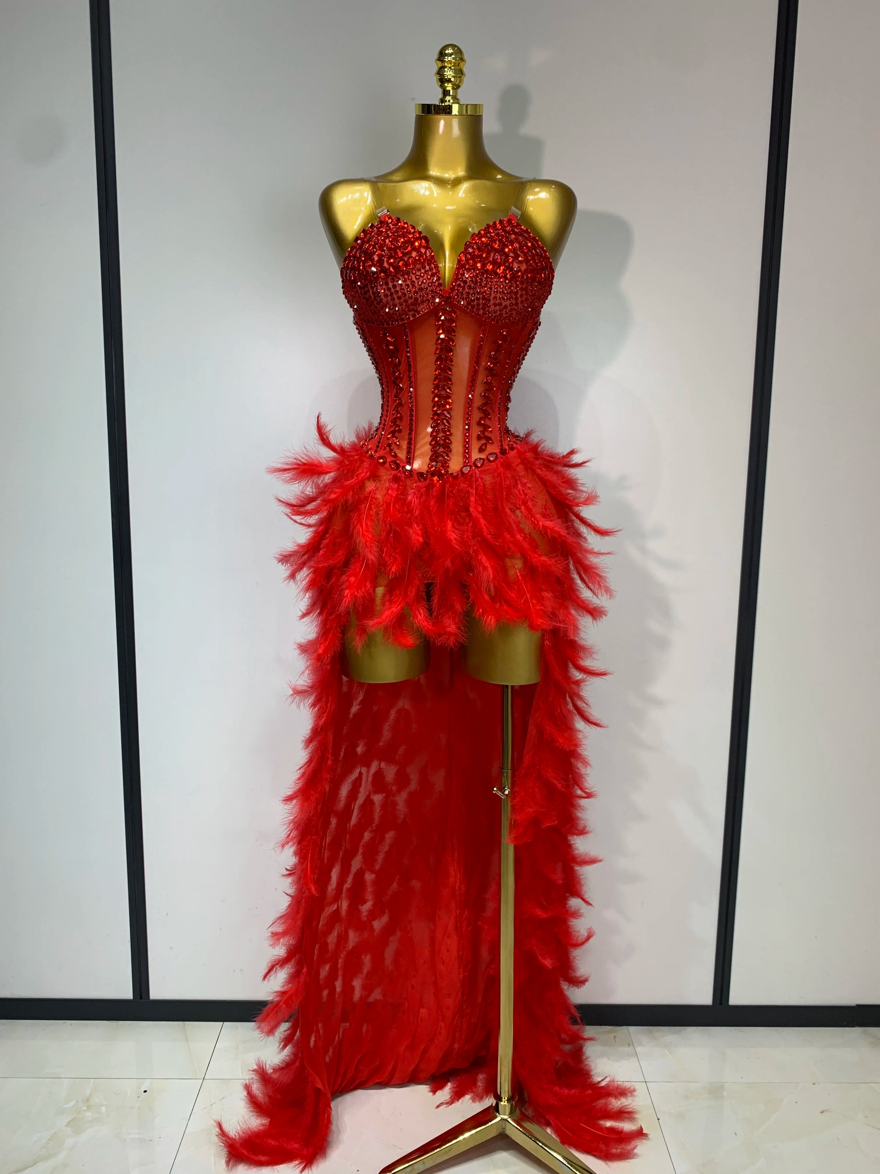 Sparkly Rhinestones Bodysuit Feathers Long Tail Dress Sexy Mesh Transparent Evening Party Celebrate Birthday Dress Stage Outfit