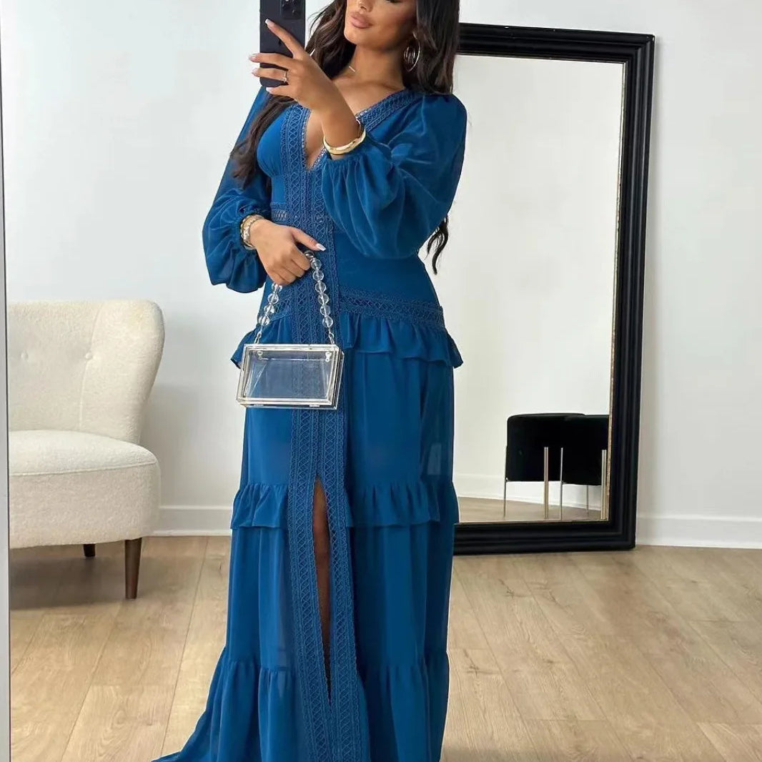 CM.YAYA Women V-neck Full Sleeve Ruffles Lace Long Maxi Dress 2025 Spring Beach Holiday Party Sexy Street Vestidos Sexy Dresses