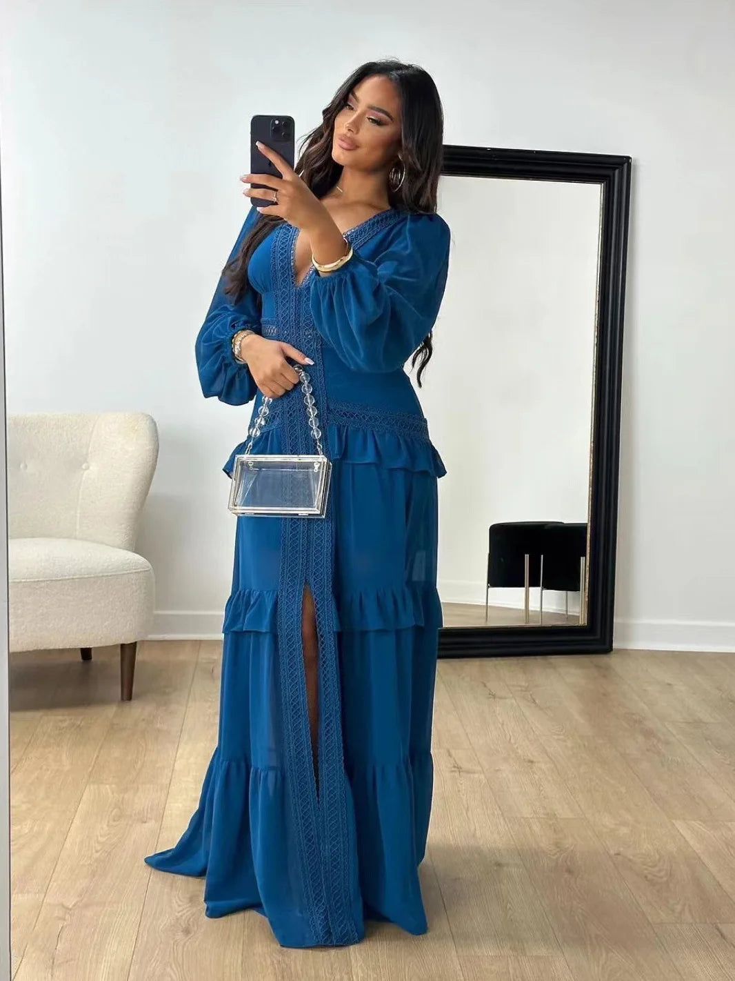 CM.YAYA Women V-neck Full Sleeve Ruffles Lace Long Maxi Dress 2025 Spring Beach Holiday Party Sexy Street Vestidos Sexy Dresses