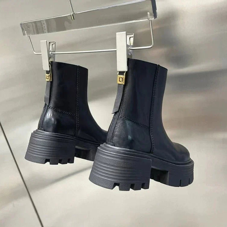 Brand Design Ankle Boots For Women Slip On Black Leather Platform Boots Women Chunky Heel Women Chelsea Boots Winter Shoes