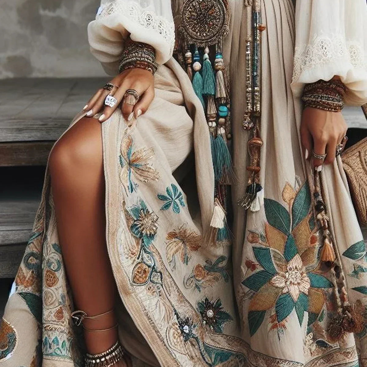 Vintage Bohemian Women's Skirt Casual Harajuku Fashion Ethnic Floral Print Cascading Hem High Waist Pleated Maxi Skirts Beige